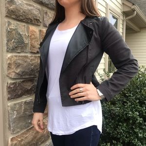 Women’s Petite Black Faux Leather/Denim Jacket